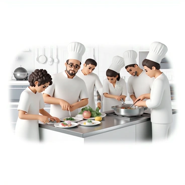 Six chefs, all wearing white uniforms and chef hats, are working together in a bustling restaurant kitchen. One chef, a woman with curly hair, is chopping vegetables at a stainless steel countertop, while another chef, a man with glasses, is stirring a large pot on the stove. A third chef, a tall man with a beard, is focused on plating a dish, carefully arranging the food on the plate. Meanwhile, a fourth chef, a woman with a ponytail, is sprinkling herbs over a finished meal. The fifth chef is washing dishes in the background, while the sixth chef, a man with tattoos, is checking the oven timers. The kitchen is filled with pots, pans, and fresh ingredients, and the air is lively with the sounds of sizzling and chopping.