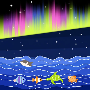 The ocean scene features waves gently lapping against each other, illuminated by vibrant colors of the "aurora borealis" in the night sky. The aurora displays shades of green, pink, and purple, casting a magical glow on the water's surface. Various "sea creatures," including a curious dolphin, a colorful clownfish, and a majestic sea turtle, pop out from the depths, each gazing up in awe at the stunning display above. The ambiance is filled with a sense of wonder as the creatures swim together, their colors contrasting with the dark ocean backdrop.