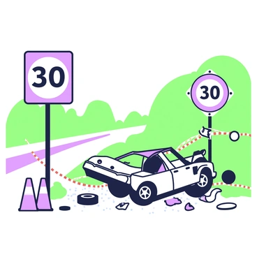 A speed limit sign near a road where a car accident has occurred, emphasizing caution