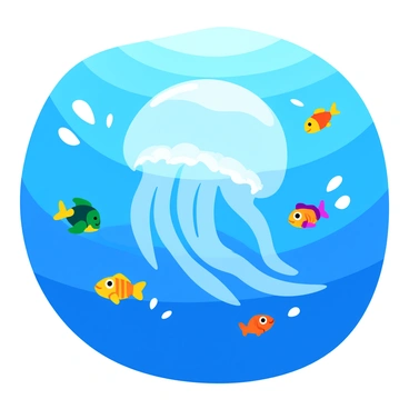 A group of small, colorful fish swimming in a fluid motion around a translucent jellyfish. The jellyfish features long, flowing tentacles that gently sway in the water. Sunlight filters through the ocean surface, illuminating the fish and the jellyfish with a warm glow. Bubbles rise from the fish as they swim playfully, creating a lively scene. The background showcases a rich blue ocean with soft ripples, enhancing the sense of movement and tranquility.