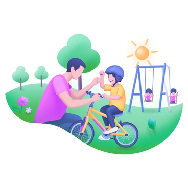 A parent is kneeling next to a small bike while adjusting a child's helmet. The child is sitting on the bike, wearing a bright yellow t-shirt and smiling. Around them, there are green trees and a well-maintained grassy area in the park. A few flowers bloom nearby, adding pops of color to the scene. In the background, there are a couple of other children playing on swings. The sun is shining, creating a warm and inviting atmosphere.
