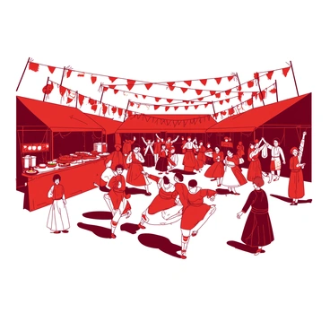 A lively cultural festival with traditional costumes and dances, illustrated in Steve Ash's vibrant manner