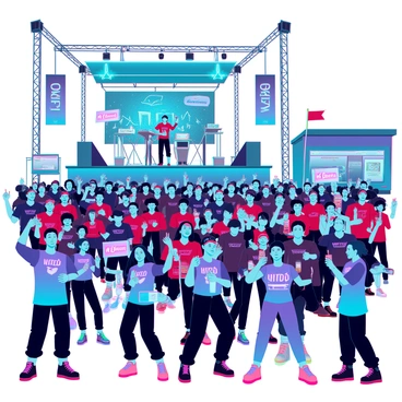 A large crowd of enthusiastic fans with various team jerseys and hats, gathered in a public square adorned with colorful banners and flags. They are holding foam fingers and signs that read "Go Team!" and "We Believe!" A stage with bright lights is set up in the background, where a band is playing lively music, and speakers are announcing the upcoming game. The fans are dancing, cheering, and some are taking selfies amidst the excitement. There are food trucks nearby, serving snacks and drinks to the energetic crowd.