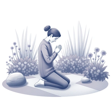 A person kneeling in a garden. They are surrounded by various plants and flowers, which create a natural backdrop. The person's hands are clasped together in front of them, indicating a gesture of prayer. The person's head is slightly bowed, reflecting a moment of contemplation. The garden is well-maintained, with paths leading through the foliage, and there are a few stones scattered around, adding to the tranquil atmosphere.