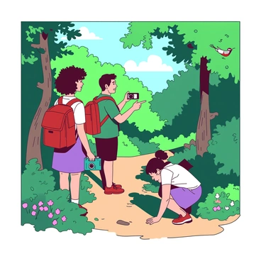 A mixed-race group of three individuals is hiking along a narrow dirt path in a lush forest. The first person, a woman with curly hair, is wearing a red backpack and pointing at a colorful bird perched on a nearby branch. The second person, a man with short hair, is taking a photo with a teal camera, capturing the vibrant greenery surrounding them. The third person, a woman with long hair tied in a ponytail, is crouching down to examine a cluster of bright flowers by the trail. Sunlight filters through the canopy, casting dappled shadows on the forest floor.