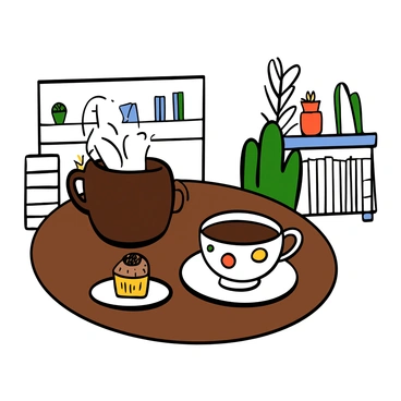 A cozy café scene featuring a wooden table with a steaming cup of coffee and a delicate teacup. The coffee cup is dark brown with a simple design, while the teacup is white with floral patterns. There is a small plate with a muffin beside the teacup. The background includes soft lighting and hints of café decor, such as potted plants and bookshelves lining the walls.