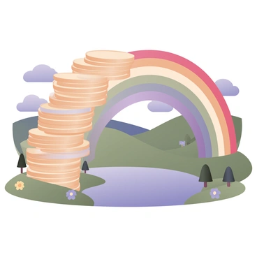 A digital flat illustration featuring a vibrant "rainbow" made of various stacks of coins arranged in a colorful arc. Each stack of coins displays different metallic shades of gold, silver, and copper, contributing to the rainbow effect. Beneath the coin rainbow is a "scenic landscape" with rolling green hills dotted with small trees. There is a bright blue sky in the background with fluffy white clouds scattered throughout. In the foreground, a small pond reflects the colors of the rainbow above, and a few wildflowers in shades of yellow and purple are growing along the edge of the pond.