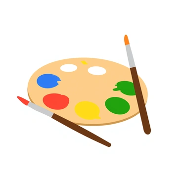 An artist's palette made of wood, featuring a variety of bright colors such as deep blue, vibrant red, sunny yellow, and lush green. The palette is held in one hand, tilted slightly to showcase the rich hues. A few brushstrokes of paint are smeared across the surface, indicating recent use. A paintbrush rests alongside the palette, with its bristles touching the paint. The overall scene emphasizes the abundance of colors and the tools of creativity.