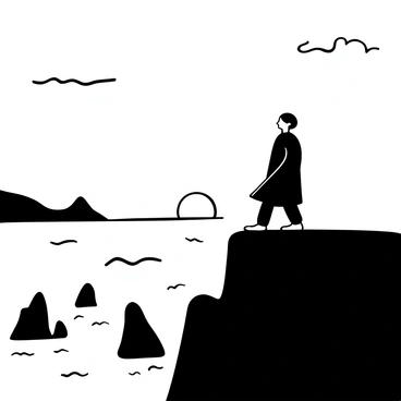 A lone figure dressed in a long coat stands at the edge of a cliff, looking out over an expansive view. The figure is silhouetted against the horizon, where the sun is setting and casting rays across the sky. Below the cliff, there are rocky formations and crashing waves visible in the distance. The atmosphere is filled with a sense of solitude, as the figure's stance suggests deep contemplation. A few scattered clouds can be seen in the sky, enhancing the dramatic effect of the scene.