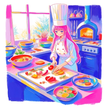 An anime girl with long, brightly colored hair is wearing a traditional white chef's outfit complete with a tall chef's hat. She stands in a bustling kitchen filled with various cooking utensils and ingredients. The countertop is cluttered with colorful vegetables and spices. She is skillfully chopping bell peppers and carrots, with a focused expression on her face. Behind her, there are large pots simmering on the stove, and a wood-fired oven glowing warmly. The walls of the kitchen are adorned with various pots and pans, reflecting the lively atmosphere. A window lets in sunlight, illuminating the scene and highlighting the vibrant colors of the dish she is preparing.