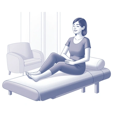 A person sitting comfortably in a relaxed position, with their feet resting on a massage table. Their expression shows a sense of tranquility and happiness, with eyes closed and a soft smile on their face. The room is filled with a calm atmosphere, featuring soft textures and gentle furnishings. A pair of hands are applying precise pressure to the soles of the feet, demonstrating the technique of reflexology. The person's posture reflects an uplifted spirit, with shoulders relaxed and a slight lean forward, indicating a feeling of rejuvenation and energy.