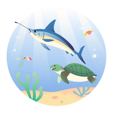 A marlin with a sleek, elongated body and vibrant blue hues is swimming gracefully alongside a sea turtle. The marlin's dorsal fin is prominently displayed, cutting through the water as it moves. The sea turtle, with its textured green shell and gentle brown patterns, glides effortlessly through the water, its flippers extended. Around them, the ocean water is clear and calm, with rays of sunlight filtering down from above, creating soft patterns on the sandy ocean floor below. Small colorful fish can be seen darting in and out of the coral formations in the background, adding to the serene underwater scene.