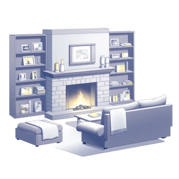 A cozy living room featuring a crackling fireplace in the center. The fireplace is made of stone with a rustic design, and flames are visible, creating warmth in the space. Above the fireplace, there is a decorated mantle adorned with various items such as candles, picture frames, and seasonal decorations. The room includes a comfortable sofa with plush cushions and a soft throw blanket draped over the armrest. A coffee table sits in front of the sofa, and there are bookshelves filled with books lining the walls. Soft lighting casts a warm glow throughout the room, enhancing the inviting atmosphere.