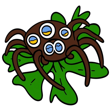 Close-up of a spider with multiple eyes, each eye glistening and reflecting the surroundings. The spider has a shiny dark-brown body, with intricate patterns on its exoskeleton. The eyes are positioned symmetrically on its head, showcasing their distinct shapes and sizes. The background is blurred, allowing the reflections in the eyes to stand out, revealing glimpses of lush green leaves and a bright blue sky. The lighting highlights the texture of the spider’s body, emphasizing the details and the intricate visual effect of the reflections.