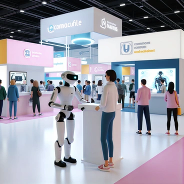 A large futuristic technology expo, bustling with people exploring various booths. In the foreground, a sleek, humanoid robot with chrome accents stands beside a virtual reality experience station. The robot is interacting with a visitor, demonstrating its capabilities while the visitor wears a VR headset that displays futuristic graphics. Bright, colorful screens showcase cutting-edge gadgets and technologies throughout the expo. In the background, large banners display logos of tech companies, and groups of people are engaging with different robotic devices and VR setups, creating an atmosphere of innovation and excitement.