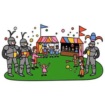 A medieval festival scene with knights in shining armor and colorful jesters. The knights have detailed metal armor, with plumes on their helmets, standing proudly in a grassy area. The jesters wear bright, patchwork costumes with oversized hats, juggling balls and performing tricks for the crowd. There are stalls decorated with colorful banners and flags, selling fruits and handmade crafts. In the background, families and children are enjoying the festivities, some watching a jousting match while others are engaged in games. The atmosphere is lively and filled with excitement.