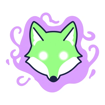 A fox head is displayed prominently in the center of the image. Its eyes are glowing brightly, casting an ethereal light. Surrounding the fox head is swirling mist that creates an aura of mystery. The mist has a dynamic quality, with tendrils that twist and curl around the fox. The overall composition emphasizes the fox's sharp features and the interplay between the glowing eyes and the mist.