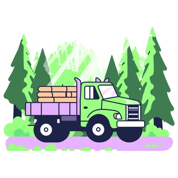 A logging truck is driving along a dirt road surrounded by tall trees in a dense forest. The truck is loaded with freshly cut timber, with logs stacked securely in the truck bed. Sunlight filters through the tree canopy, casting dappled shadows on the ground. In the background, a mix of coniferous and deciduous trees stands tall, creating a vibrant natural setting. The truck features large wheels and metal accents, showcasing its rugged design suitable for transporting heavy loads.