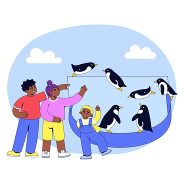 A group of three children standing at the edge of a zoo enclosure. They are pointing excitedly towards a playful group of five penguins swimming in the water. The children have bright clothing: one is wearing a red t-shirt, another in a yellow dress, and the last one in blue overalls. The penguins are black and white, some of them diving underwater while others are waddling on the edge of the enclosure. The background shows a clear blue sky and a few fluffy clouds.