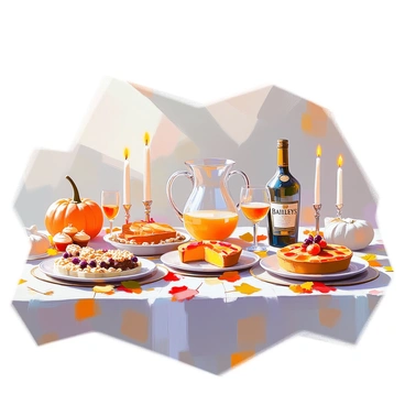 A fall table spread is beautifully arranged featuring an assortment of dishes and drinks made with Baileys. In the center, there is a glass pitcher filled with a creamy Baileys cocktail, surrounded by elegant glasses filled with a rich dessert. Plates are arranged artfully, displaying pumpkin pie, spiced cupcakes, and a cheese platter with nuts and dried fruits. The table is adorned with vibrant autumn leaves scattered around, providing a warm seasonal touch. Soft candlelight flickers, casting a cozy glow over the entire scene, enhancing the inviting atmosphere of the fall gathering.