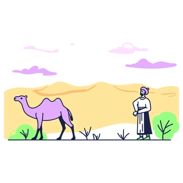 A panoramic view of the Sahara Desert spanning across the horizon. The vast expanse of sand is dotted with distant sand dunes, their peaks gently rolling in smooth waves. In the foreground, an Amazigh nomad is positioned, wearing traditional attire that includes a colorful turban and flowing robes. The nomad is standing beside a sturdy camel, looking out towards the distant dunes. Sparse vegetation is visible nearby, providing a contrast to the sandy landscape. The sky above is expansive with a few wispy clouds, hinting at the vastness of this arid environment.