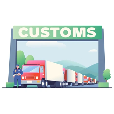 A large customs gate is positioned prominently in the foreground. The gate is made of sturdy steel, painted in a muted green color, and features a large sign that reads "CUSTOMS" in bold white letters. A uniformed guard, wearing a navy blue uniform and a matching cap, is inspecting a line of cargo trucks. The guard is standing next to the first truck, which is a bright red vehicle with a white cargo container. The cargo trucks are lined up in a single file, with some displaying various company logos. In the background, there are trees and distant hills under a clear blue sky. The scene is bustling with activity as drivers wait patiently in their vehicles.