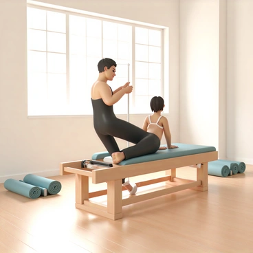 A person, wearing black workout attire, is focused and engaged while practicing on a reformer machine. The reformer is a modern design with a sleek wooden frame and padded surfaces. The studio features large windows allowing natural light to flood the space, illuminating the polished wooden floors and soft, calming colors of the walls. The person is positioned with one foot on the footbar and their hands gripping the straps, demonstrating a precise movement. Nearby, a few yoga mats are neatly rolled up in a corner, adding to the fitness atmosphere of the studio.