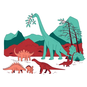 Ancient cave paintings show a large scene filled with various types of dinosaurs. There are a towering teal Brachiosaurus reaching for leaves high in the branches of trees. Nearby, a smaller red Velociraptor crouches low, ready to pounce. In the foreground, there is a group of orange Triceratops grazing peacefully on the ground. The background features a mix of teal and red brush strokes creating a rugged landscape, representing mountains and valleys. The dinosaurs are intricately detailed, with textures indicating scales and skin patterns, and the entire scene conveys a sense of prehistoric life captured in a timeless art form.