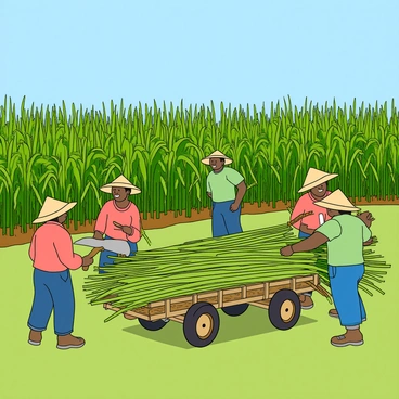 A group of farmers wearing wide-brimmed straw hats is harvesting sugarcane in a vibrant green field. Each farmer is equipped with a curved machete, expertly cutting down the tall, sturdy stalks of sugarcane. The field is filled with lush green plants reaching towards a clear blue sky. A few farmers are carefully stacking the cut sugarcane into neat bundles, while others are transporting them on wooden carts. The sun casts warm light over the scene, highlighting the farmers' smiles and the abundance of their harvest.