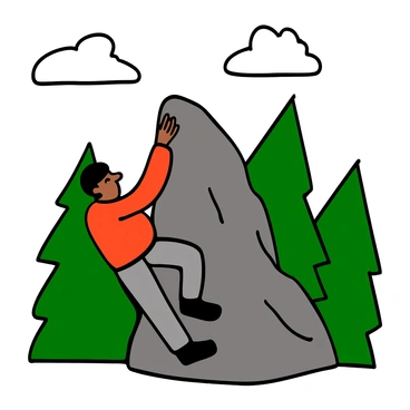 A hiker with medium skin tone and short black hair is climbing a steep mountain trail. The hiker is wearing a red jacket, gray pants, and sturdy black hiking boots. The trail is rocky and surrounded by tall, green mountain foliage. The hiker is using both hands to grip onto a protruding rock for support and is looking up towards the peak, showing determination. The sky above is clear with a few fluffy white clouds.