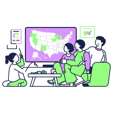 A family is seated together in a living room, watching election results on a television. The parents are sitting on a comfortable couch, while two children are sitting on the floor, leaning forward in anticipation. The television is displaying a large map of the United States, with various states lighting up in different patterns. On a nearby coffee table, there are snacks like chips and soda. The room is warmly lit, with a few posters on the walls related to the election. The family members are showing expressions of excitement and curiosity as they observe the unfolding results.