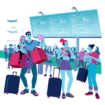 A comic family in a chaotic holiday travel scene at a busy airport