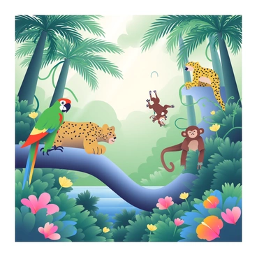 A vibrant jungle scene filled with a variety of exotic animals is depicted. In the foreground, a large green parrot is perched on a thick tree branch, its feathers showing bright shades of red and blue. Nearby, a playful monkey swings from a vine, its fur a mix of brown and tan. In the background, a majestic jaguar with distinct rosettes is resting on a rocky outcrop, its golden coat contrasting with the dense greenery surrounding it. 

The lush vegetation includes towering palm trees with broad fronds, thick ferns sprouting from the ground, and vines intricately weaving through the branches. Colorful tropical flowers in hues of pink, yellow, and orange bloom amidst the foliage, adding splashes of color to the scene. Sunlight filters through the canopy, casting dappled shadows on the ground.