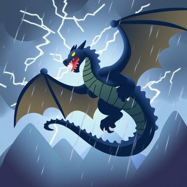 A fierce dragon with dark scales and glowing yellow eyes is soaring through a turbulent thunderstorm. Its wings are outstretched, revealing intricate patterns along the membranes. The dragon's silhouette is dramatically illuminated by bright flashes of lightning that streak across the sky, creating a stark contrast against the dark storm clouds. The rain is pouring down, and the dragon's scale glistens with moisture. In the background, jagged mountains are partially visible under the ominous sky, enhancing the sense of power and chaos in the scene.