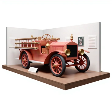 An antique fire truck from the early 1900s is displayed prominently in a museum setting. The fire truck, painted in bright red, features brass fittings and wooden ladders. It has large, spoked wheels and a vintage bell mounted on the front. The exhibit includes a polished wooden platform beneath the truck. Dim lighting highlights its intricate details, while information plaques about its history are positioned nearby, providing context. The background features white walls, with other artifacts related to firefighting visible in the distance.