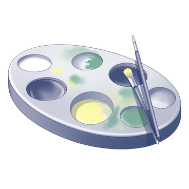An artist's palette made of wood, displaying a variety of paint mixtures. The palette is oval-shaped with multiple wells containing paint mixed in fractions. Each section shows varying proportions of white, black, and shades of green and yellow, with some areas having delicate swirls where colors blend. The palette is set on a textured surface, and there are a few brushes resting nearby, hinting at recent use.