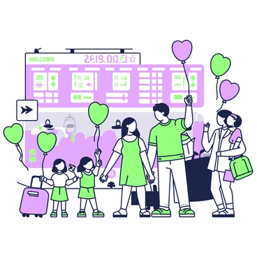 A group of families is gathered in the international arrivals area, eagerly awaiting the return of their loved ones. Each family holds colorful balloons, some in the shape of hearts and stars, which bounce gently in the air. The families consist of parents and children, all displaying expressions of joy and anticipation. Behind them, a large digital display board shows flight information. The area is filled with a sense of excitement and happiness, with travelers and airport staff moving around in the background. A few colorful signs welcoming travelers can be seen near the entrance.