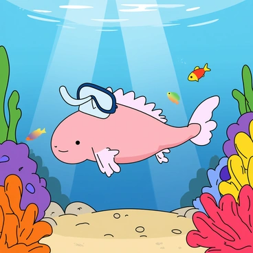 An axolotl with a pink body and feathery gills is wearing a small blue scuba mask and a tiny matching wetsuit. The axolotl has a clear snorkel attached to its mask. It is swimming gracefully among colorful coral formations that include bright orange, purple, and yellow corals. Small tropical fish of various colors are darting around the axolotl, and rays of sunlight are filtering down through the water, illuminating the scene. The ocean floor is covered with sand and small pebbles, adding texture to the underwater landscape.