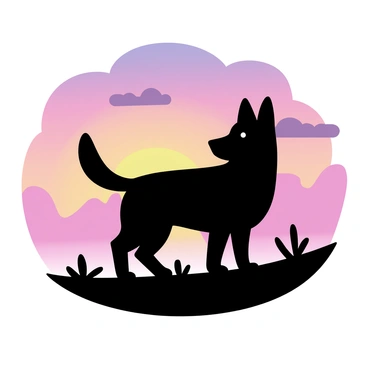 A solid black silhouette of a German shepherd standing confidently on a gently sloping hill. The dog is facing away, with its ears perked up, and its tail held high. In the background, a vibrant sunset bathes the sky in shades of orange, pink, and purple, while a few scattered clouds reflect the warm colors. The silhouette contrasts sharply against the colorful sky, creating a striking visual. The hill on which the dog stands is simple, without any detailed texture or foliage, emphasizing the shape of the dog and the dramatic sky.
