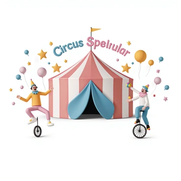 A whimsical circus ticket featuring a "big top tent" prominently in the center. The tent is colored red and white with a blue striped entrance. Surrounding the tent are cheerful performing clowns with colorful costumes, one clown juggles colorful balls while another balances on a unicycle. Bright stars and balloons are scattered around the edges of the ticket, and the words "Circus Spectacular" are artistically displayed at the top in bold letters.