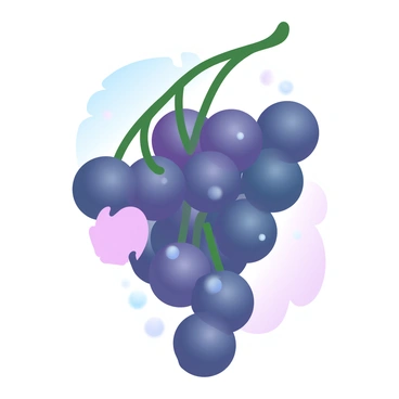 A cluster of grapes hangs from a green vine, showcasing a rich array of deep purple and green grapes. Among them, one grape is noticeably missing a bite, revealing a smaller, lighter flesh underneath. The grapes are glistening with droplets of fresh water, emphasizing their juiciness. The background consists of soft, gradient pastel colors, enhancing the vibrant hues of the grapes.
