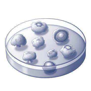 A petri dish containing multiple fungal colonies in various shapes and sizes. The dish is transparent, displaying the unique textures and patterns of the fungi. Some colonies exhibit distinct round forms, while others appear more irregular. The surface of the dish is slightly reflective, enhancing the visibility of the delicate filaments and structures of the fungi. The background shows a clean, sterile laboratory environment with soft, diffused lighting illuminating the dish.
