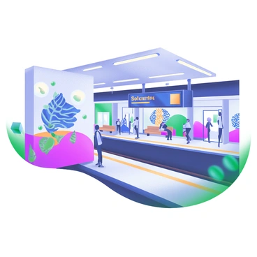 A modern pastel illustration of a metro station showcasing walls adorned with vibrant murals and intricate artwork. The murals feature abstract designs in a variety of colors, including shades of blue, pink, and yellow. The station is bustling with passengers, some waiting on benches while others are seen walking towards the platforms. Bright overhead lights illuminate the space, casting soft glows on the walls. A sign displaying the station name hangs prominently, surrounded by lively elements that enhance the urban atmosphere.