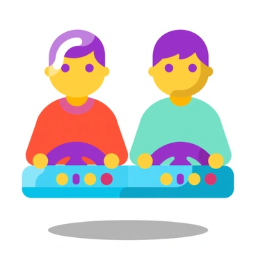 Two friends competing on racing arcade machines with their hands gripping the steering wheels, focused expressions on their faces as they lean into the game.