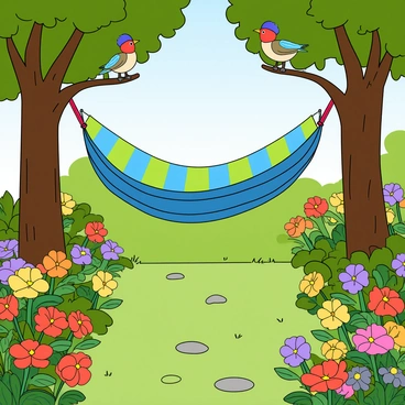A peaceful garden scene with a hammock, blooming flowers, and singing birds