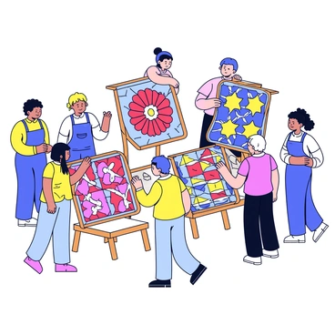 An outdoor market scene featuring a variety of handmade quilts displayed on wooden stands. The quilts showcase intricate patterns, including floral designs and geometric shapes in bright colors like red, blue, and yellow. People are browsing the quilts, examining the details up close. Some shoppers are chatting with the quilt makers, who are standing beside their creations, wearing aprons. The sunlight is shining down, highlighting the vibrant colors of the quilts and the cheerful atmosphere of the market.