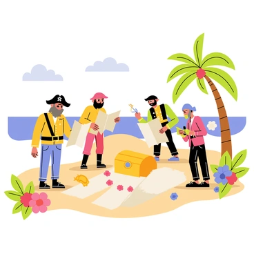 A group of cartoon pirates, each with distinct characteristics, are actively searching for treasure on a deserted tropical island. One pirate is wearing a tricorn hat and has a long, flowing beard, while another pirate has an eyepatch and a parrot perched on his shoulder. They are surrounded by palm trees swaying gently in the breeze and vibrant tropical flowers scattered around. In the background, a golden treasure chest with jewels spilling out can be seen partially buried in the sand. The pirates are using a map, with one pirate pointing excitedly at a marked spot. The sunny sky is dotted with fluffy clouds above the scene.