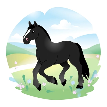 A sleek black horse stands proudly in a sunlit paddock. The horse has a shiny coat that reflects the sunlight, highlighting its muscular build. Around the horse, the paddock is filled with vibrant green grass and scattered wildflowers. In the background, there are gently rolling hills bathed in warm sunlight, creating a peaceful rural atmosphere. A few fluffy clouds drift in the blue sky above, adding to the serene setting.
