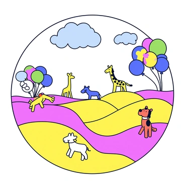 A distant planet with a vibrant landscape entirely composed of balloons in various colors. The ground is covered with a soft, bouncy surface of red and yellow balloons, creating rolling hills that rise and fall. In the sky, clusters of blue and green balloons float gently, resembling clouds. Colorful balloon trees have long, twisting trunks made of thin balloons, with balloon leaves shaped like hearts and stars. Various balloon creatures are scattered throughout the landscape, including a tall balloon giraffe with a long neck and a small balloon dog with floppy ears. The atmosphere is bright and cheerful, filled with the playful shapes of balloons in all sizes.