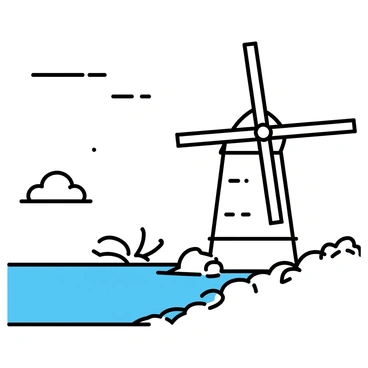 A windmill with four large blades, painted white, stands on a rocky coastal shore. The windmill is situated on a slight elevation, overlooking the ocean. Waves are crashing against the rocks nearby, creating splashes of white foam. The ocean is a deep blue, contrasting with the lighter hues of the sky. The sky is mostly clear with a few fluffy white clouds scattered throughout. The scene captures a serene moment of nature, with the windmill serving as a focal point against the dynamic backdrop of the sea.